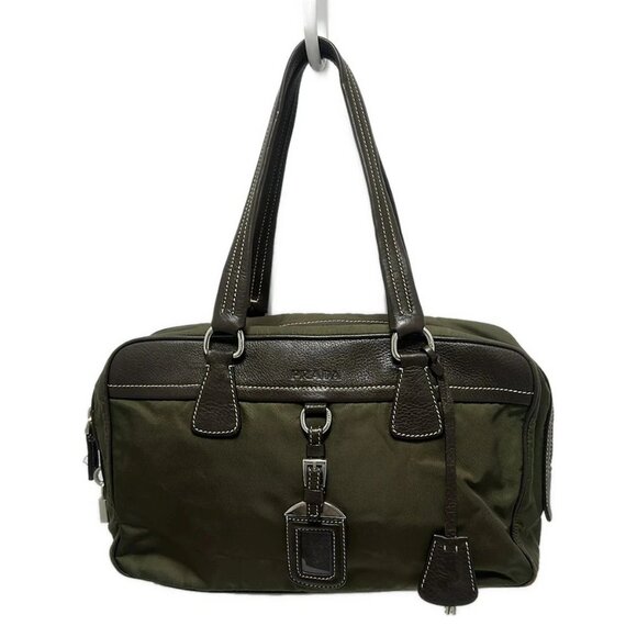 PRADA Khaki Dark Brown Nylon Leather Shoulder Bag 412-090325 - Picture 1 of 8